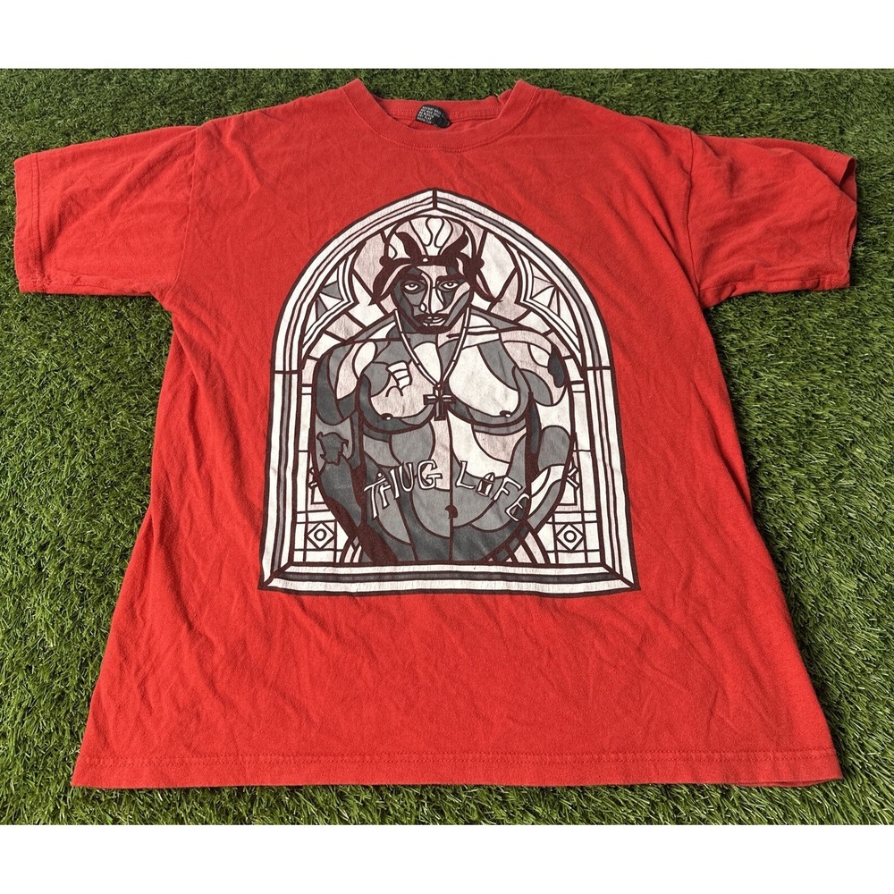Tupac Shakur Gemrock shirt 90's Rare Grail Stain Glass Thug Life Size Large Red